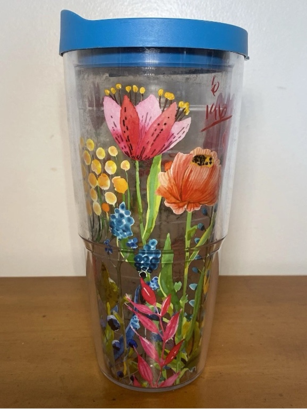 Tervis Tumbler 24 Oz Flower Garden Floral Colorful Hot Cold Insulated Blue Lid